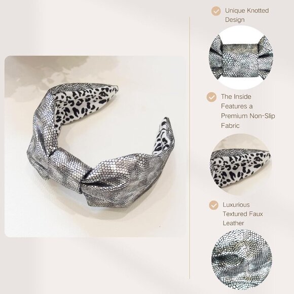 Leopard Print Headbands for Women Metallic Silver Animal Print Wide Top Knotted - Picture 4 of 6